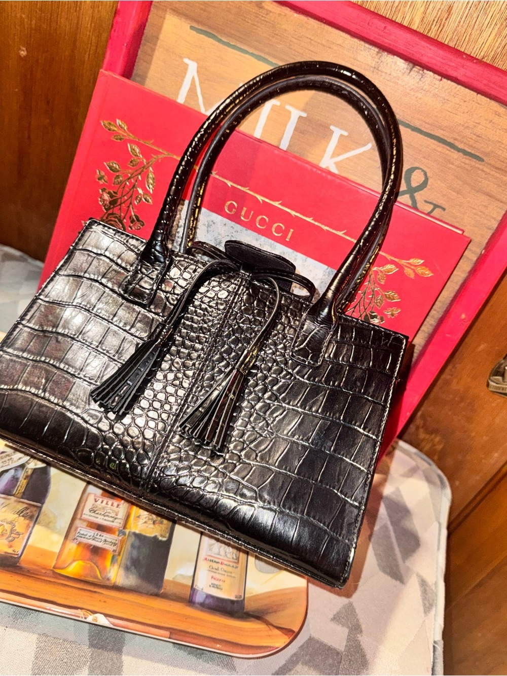 Liz Claiborne Black Croc-Embossed Leather Tote Bag with Tassels